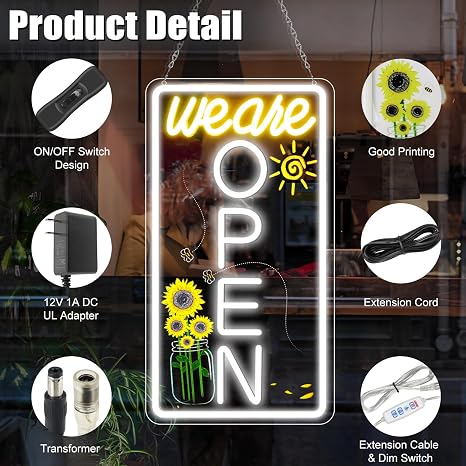 We Are Open Vertical Silicone LED shop signs – Warm White / Neutral White | 16.5 × 9 inch |Window Hanging | Plug & Play for Cafes, Restaurants & Retail Shops