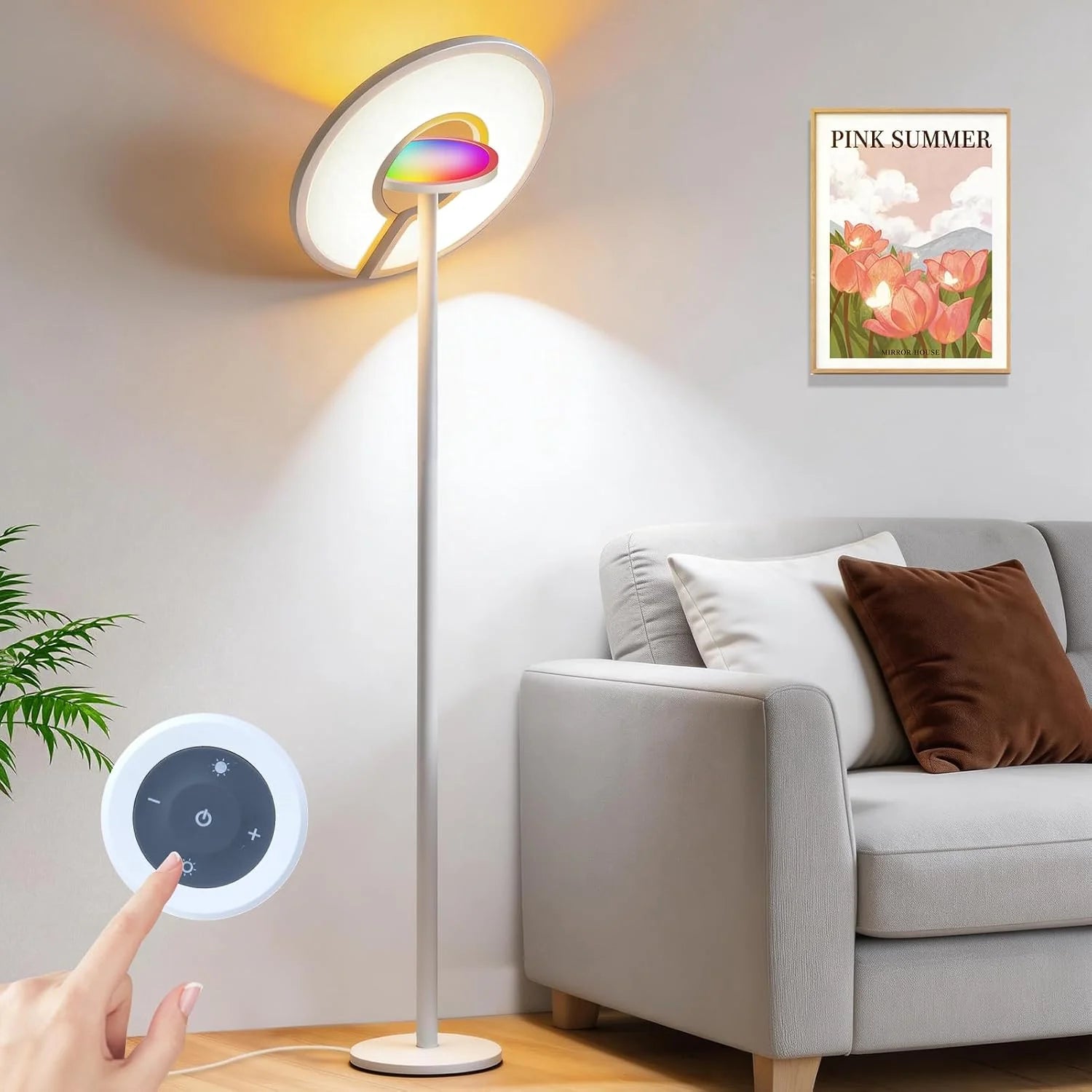 RGB Floor Lamp | LED Standing Lamp with RGB Ambient Light | Ambient Floor Lamp with 2800-6000K Adjustable Light | Remote Control | 2M Tall for Living Room Bedroom Office | US Stock