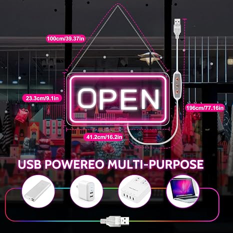 OPEN COB LED shop signs – Pink + White Glow | 22.8 × 11.8 inch (58 × 30 cm) | Horizontal / Vertical Style | 12V Powered Dimmable Window Hanging Light with US Plug for Cafes, Restaurants & Retail Shops