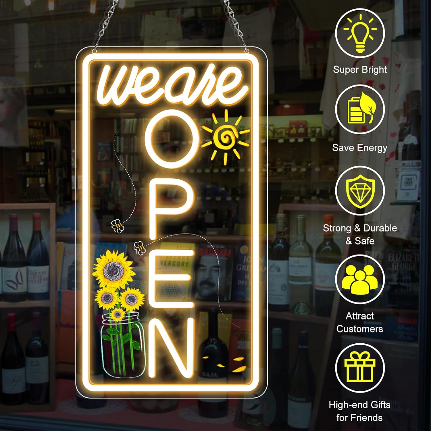 We Are Open Vertical Silicone LED shop signs – Warm White / Neutral White | 16.5 × 9 inch |Window Hanging | Plug & Play for Cafes, Restaurants & Retail Shops