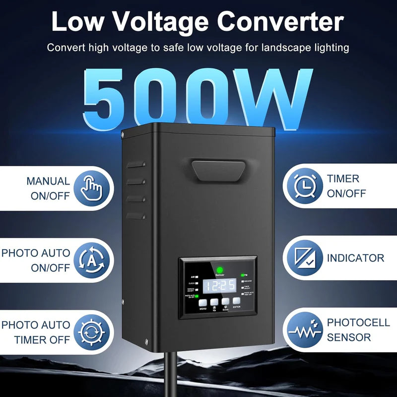 500W/600W Landscape Lighting Transformers – 120V to 12V/15V AC, Single Zone, Timer & Internal Photocell, Power Supply for Landscape Lighting Systems