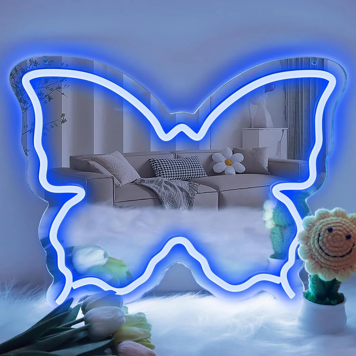 Butterfly Mirror Vanity Sign – Blue/Ice Blue/Pink/Purple/Warm White Neon Outline | 15.7×12 inch | USB Powered | Perfect for Vanity Decor