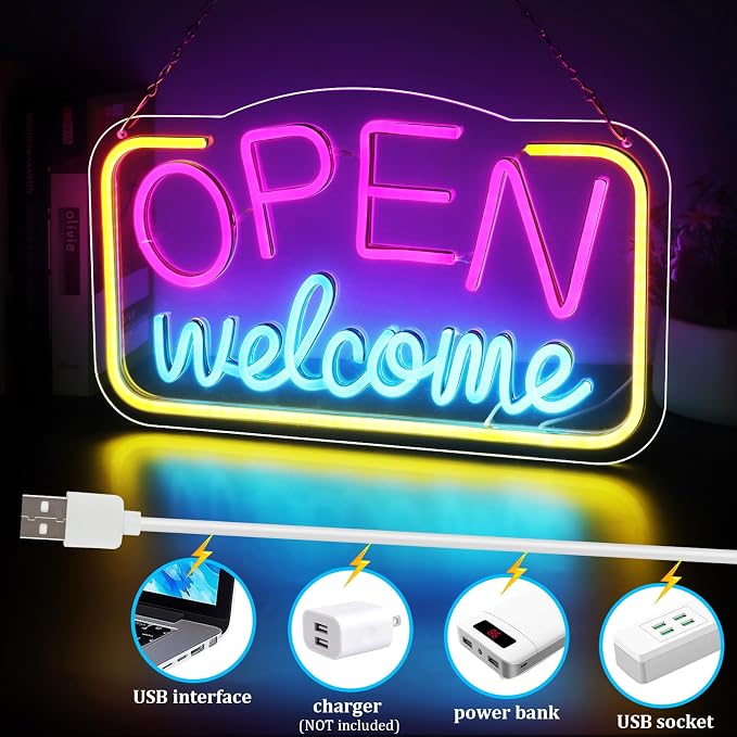 OPEN Welcome Silicone LED shop signs – Horizontal Style | 16 × 9 inch (41 × 24 cm) | Pink + Blue + Yellow Glow | USB Powered LED Window Light for Cafes, Restaurants & Retail Shops