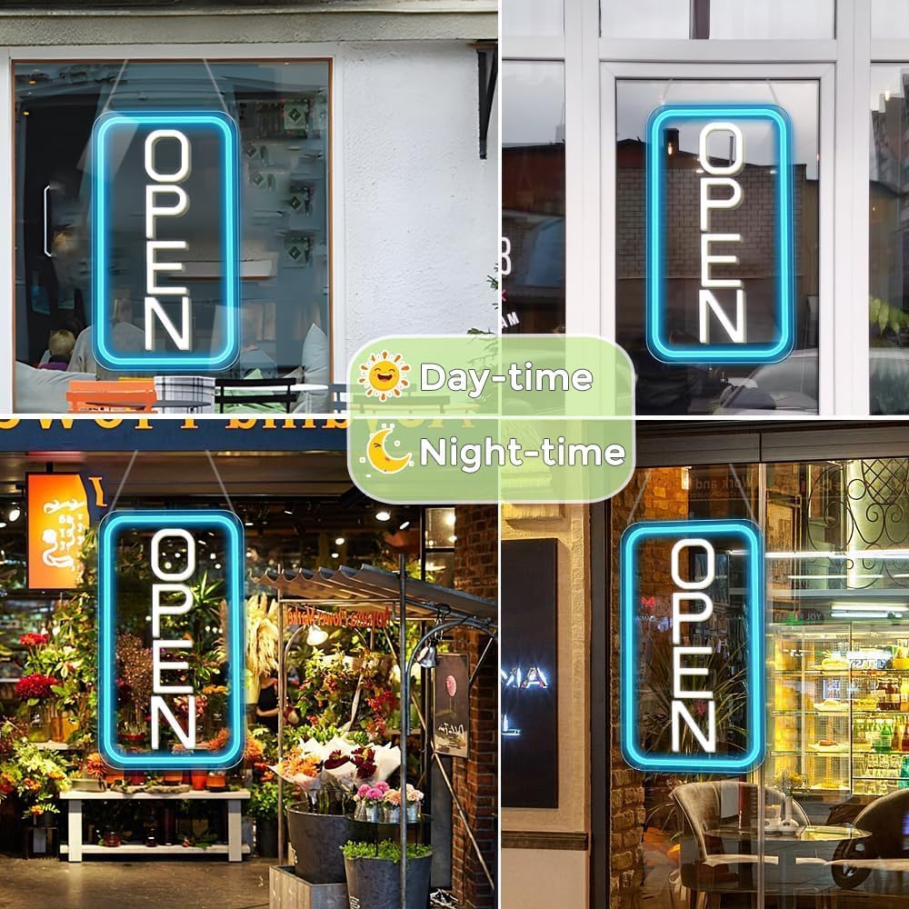 Vertical OPEN LED shop signs – USB Powered | 16×9 inch | 5 Color Options | LED Window Hanging Light for Cafes, Restaurants & Retail Shops