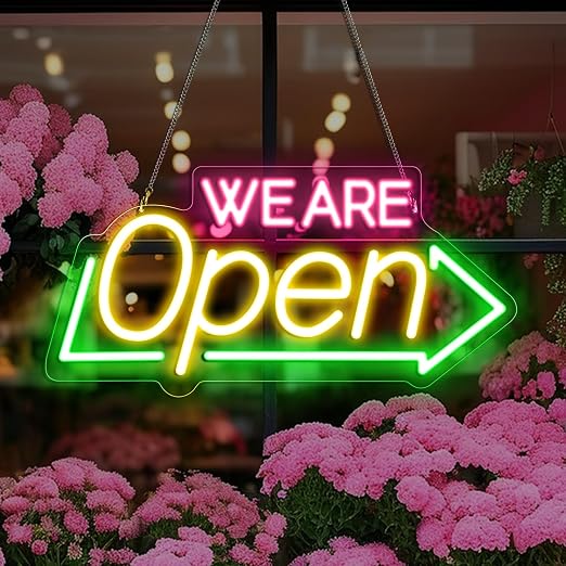 WE ARE OPEN Silicone LED shop signs – USB Powered | 16.1 × 7.8 inch | Arrow Shape | 2 Glow Color Options | LED Window Sign for Cafes, Restaurants & Retail Shops