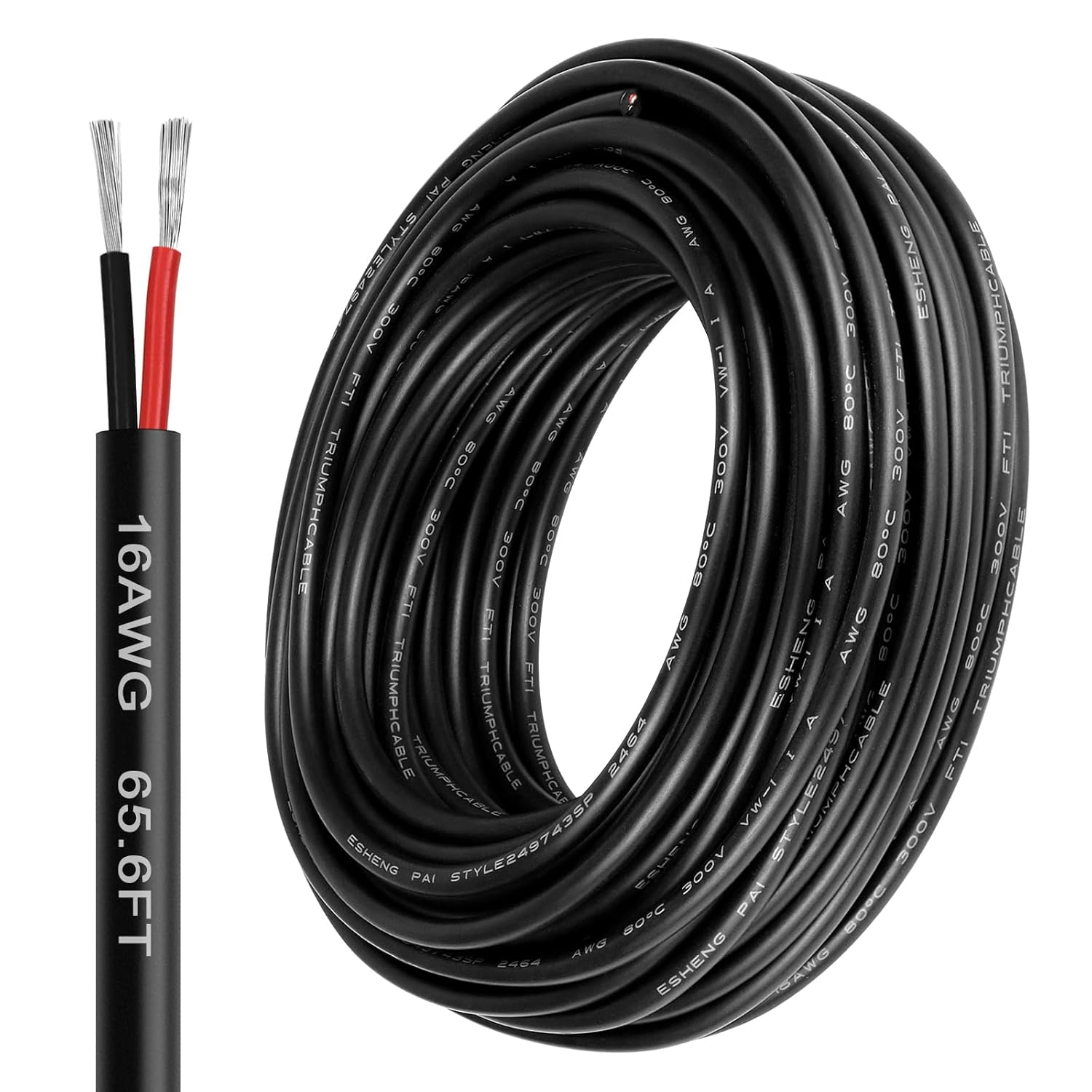 LightingWill 16 Gauge 2 Conductor Electrical Wire, 65.6FT Stranded PVC Tinned Copper Wire, 16 AWG Extension Cable Low Voltage, 2 Core Flexible Power Cord for LED Strips Lighting Automotive