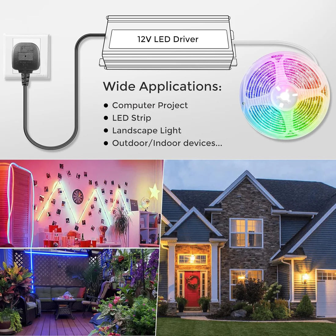 75W 12V Waterproof LED Power Supply, 90-265V Input, Single Output, Aluminum Housing, Outdoor LED Lighting Driver, CE/RoHS/FCC Certified, US/UK/EU Plug