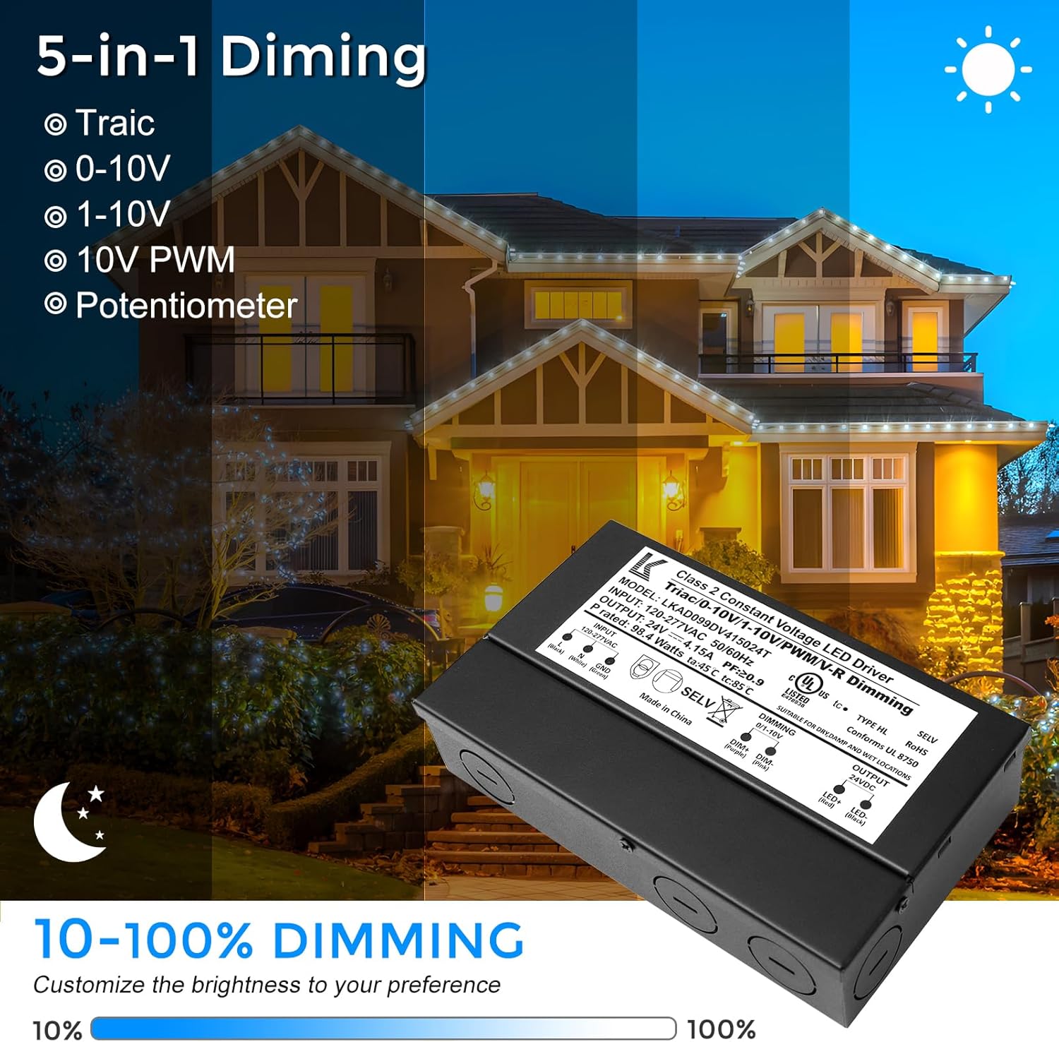 24V 100W Dimmable LED Driver, 5-in-1 Triac/ELV/MLV//0-10V/1-10V/PWM/V-R Dimming AC to DC Power Supply, IP67 Waterproof LED Transformer, UL Listed, Compatible with Lutron & Leviton Dimmer