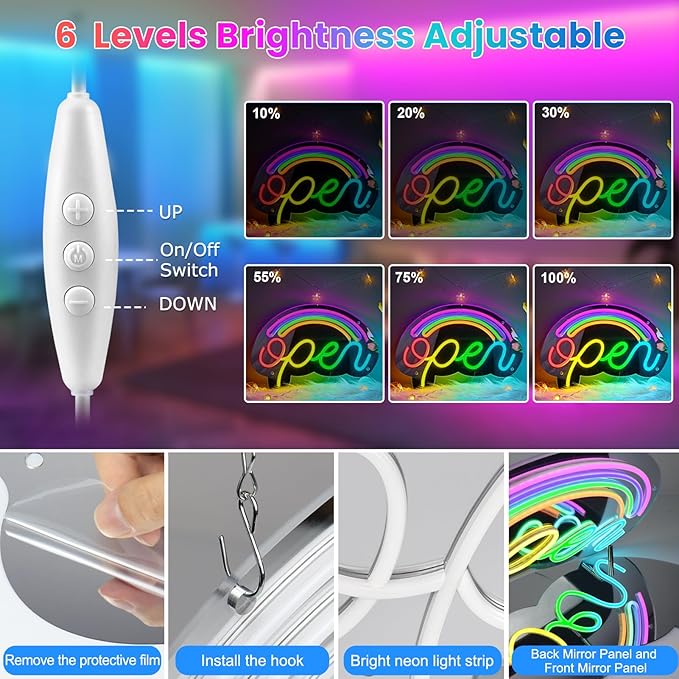 LightingWill LED Open Neon Sign, Dimmable Open Signs for Business with ON/OFF Switch, 17"x12", 5V USB Powered Rainbow LED Neon Light Sign for Wall Decor, Shop, Bar, Home