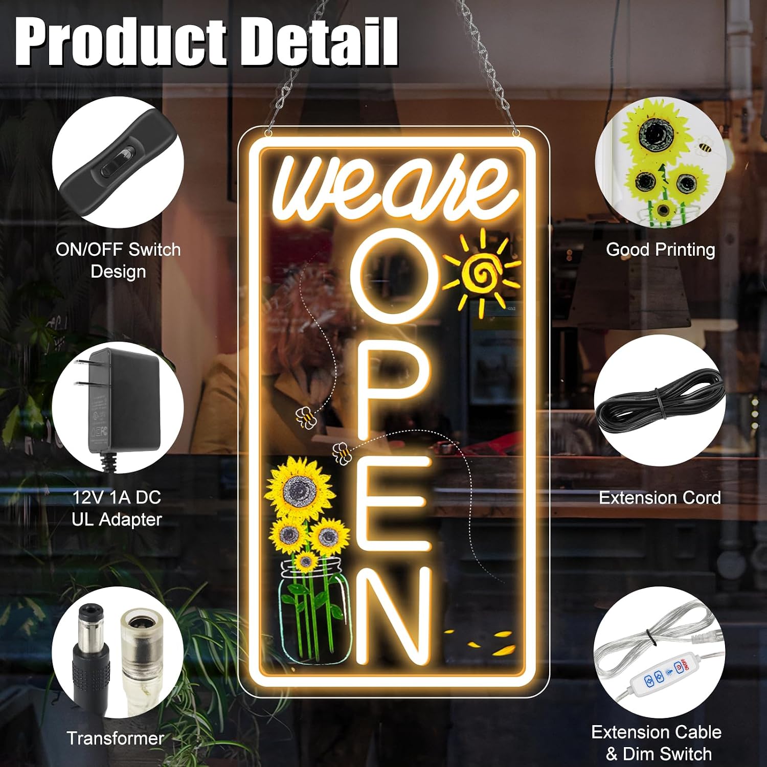We Are Open Vertical Silicone LED shop signs – Warm White / Neutral White | 16.5 × 9 inch |Window Hanging | Plug & Play for Cafes, Restaurants & Retail Shops