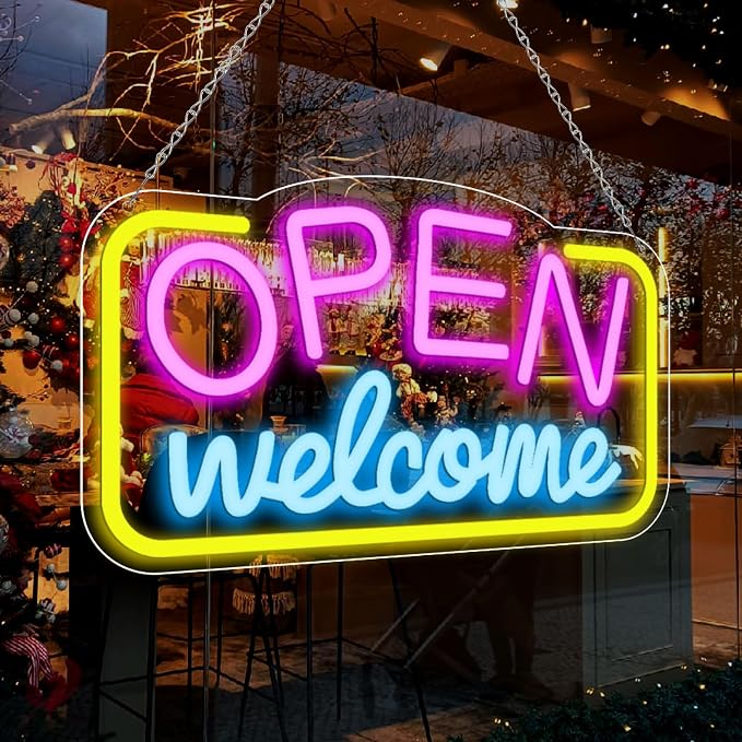 OPEN Welcome Silicone LED shop signs – Horizontal Style | 16 × 9 inch (41 × 24 cm) | Pink + Blue + Yellow Glow | USB Powered LED Window Light for Cafes, Restaurants & Retail Shops
