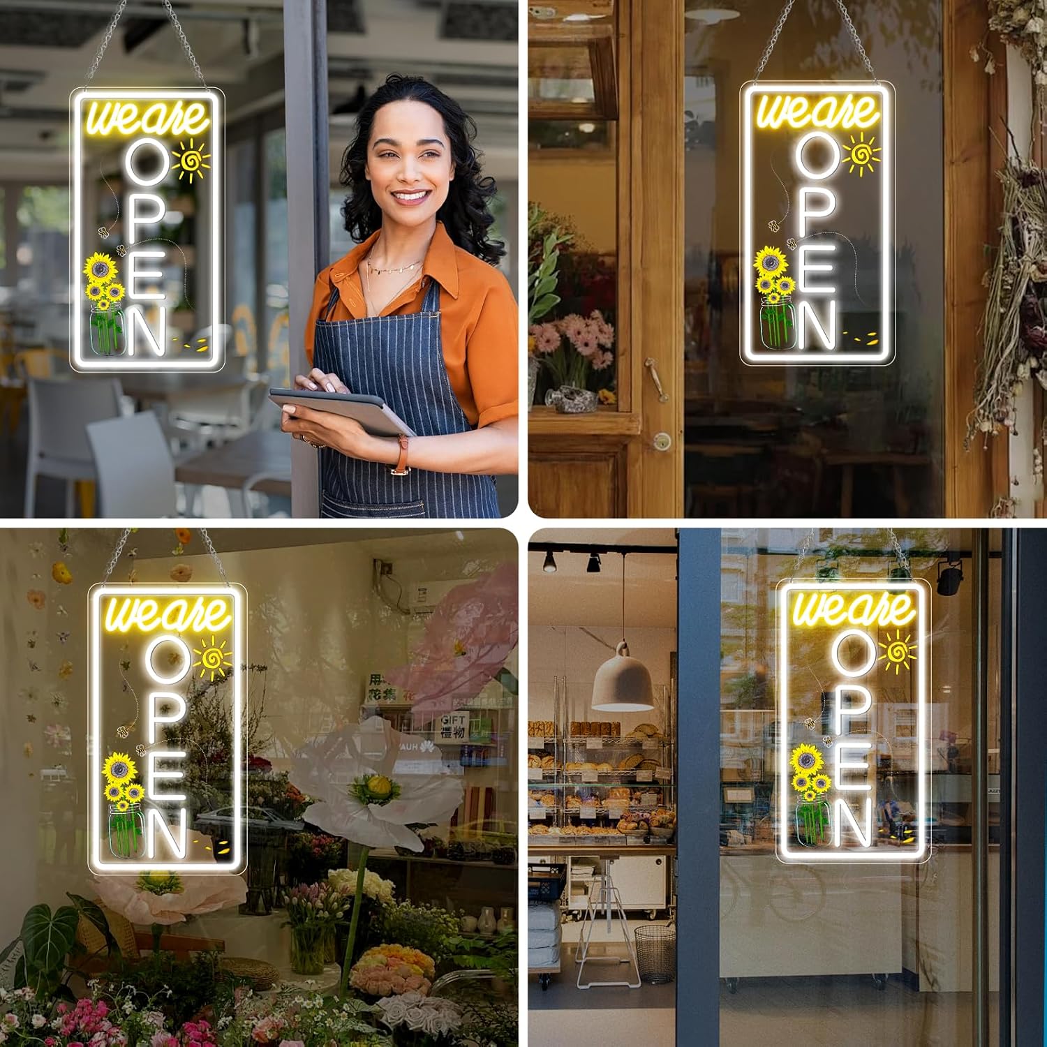 We Are Open Vertical Silicone LED shop signs – Warm White / Neutral White | 16.5 × 9 inch |Window Hanging | Plug & Play for Cafes, Restaurants & Retail Shops