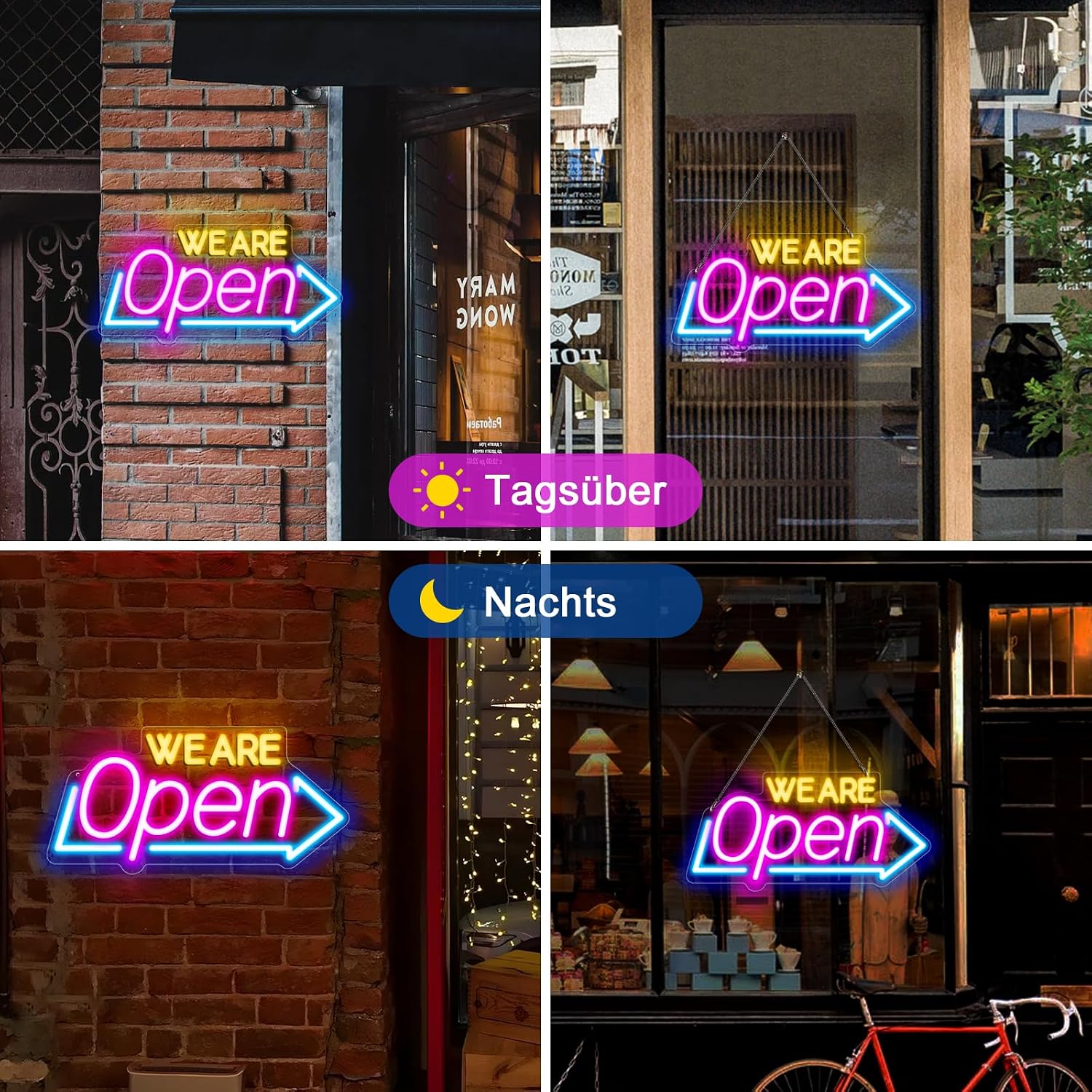 WE ARE OPEN Silicone LED shop signs – USB Powered | 16.1 × 7.8 inch | Arrow Shape | 2 Glow Color Options | LED Window Sign for Cafes, Restaurants & Retail Shops