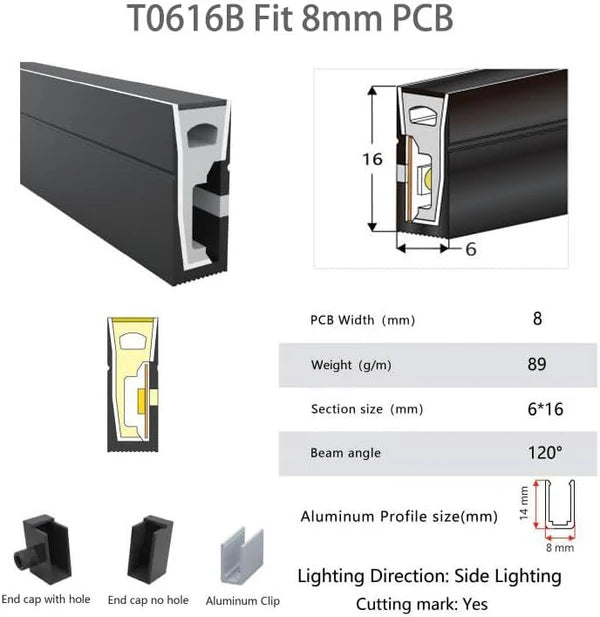 S0616 Black Side Edge Lighting Neon Light Housing – 6x16mm | Silicone LED Channel System | 8mm PCB Width | IP67 Waterproof | 16.4FT/5M*1/16.4FT/5M*5