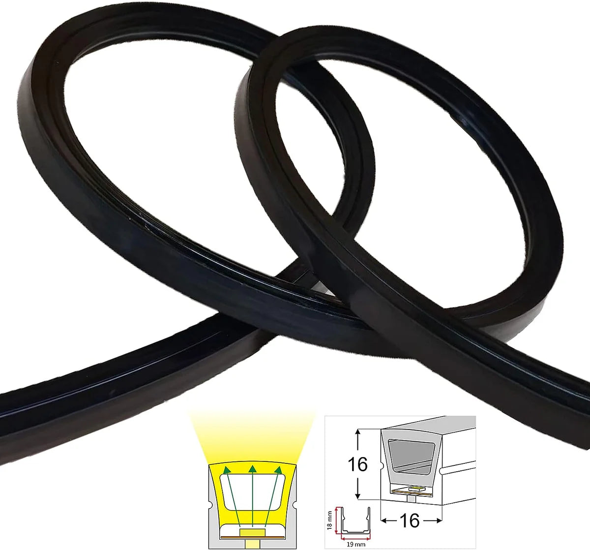 S1616 Black Neon Light Housing – 16x16mm | Silicone LED Channel System | 10mm PCB Width | IP67 Waterproof | 16.4FT/5M*1/16.4FT/5M*5