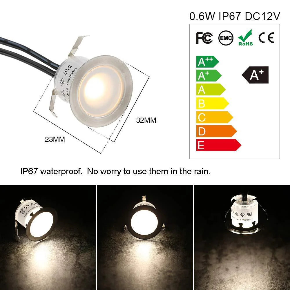 10-Pack Recessed LED Deck Lights – Warm White / Natural White | 0.6W Each | AC100–265V Input with Power Adapter | US / EU / UK / AU Plug Options | IP67 Waterproof Inground Step Lights Kit for Deck, Garden, Yard, Stairs & Pathway Lighting