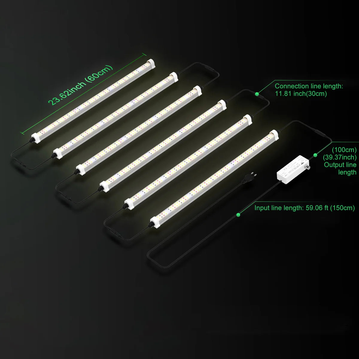 LED Tube Grow Light - 6Pcs | 65W Dimmable Power Supply | 3000K + 5000K + 660nm + 460nm Spectrum | Daisy Chain | Selectable Mounting Brackets | 60cm(2ft) Full Spectrum for Indoor Plants | for Greenhouses Plants | US / EU Plug