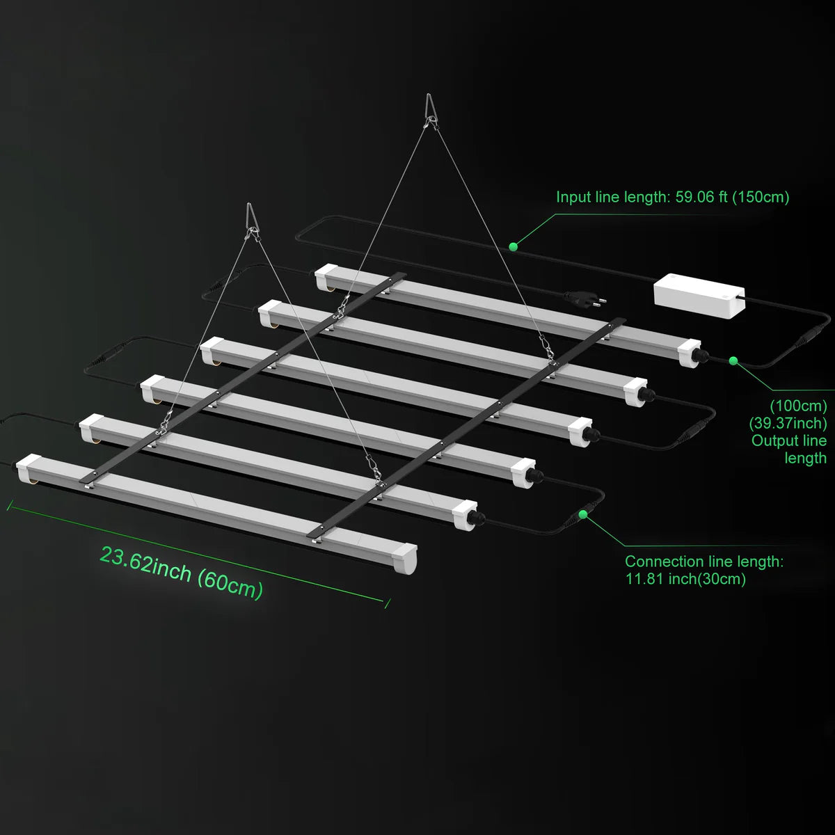 LED Tube Grow Light - 6Pcs | 65W Dimmable Power Supply | 3000K + 5000K + 660nm + 460nm Spectrum | Daisy Chain | Selectable Mounting Brackets | 60cm(2ft) Full Spectrum for Indoor Plants | for Greenhouses Plants | US / EU Plug
