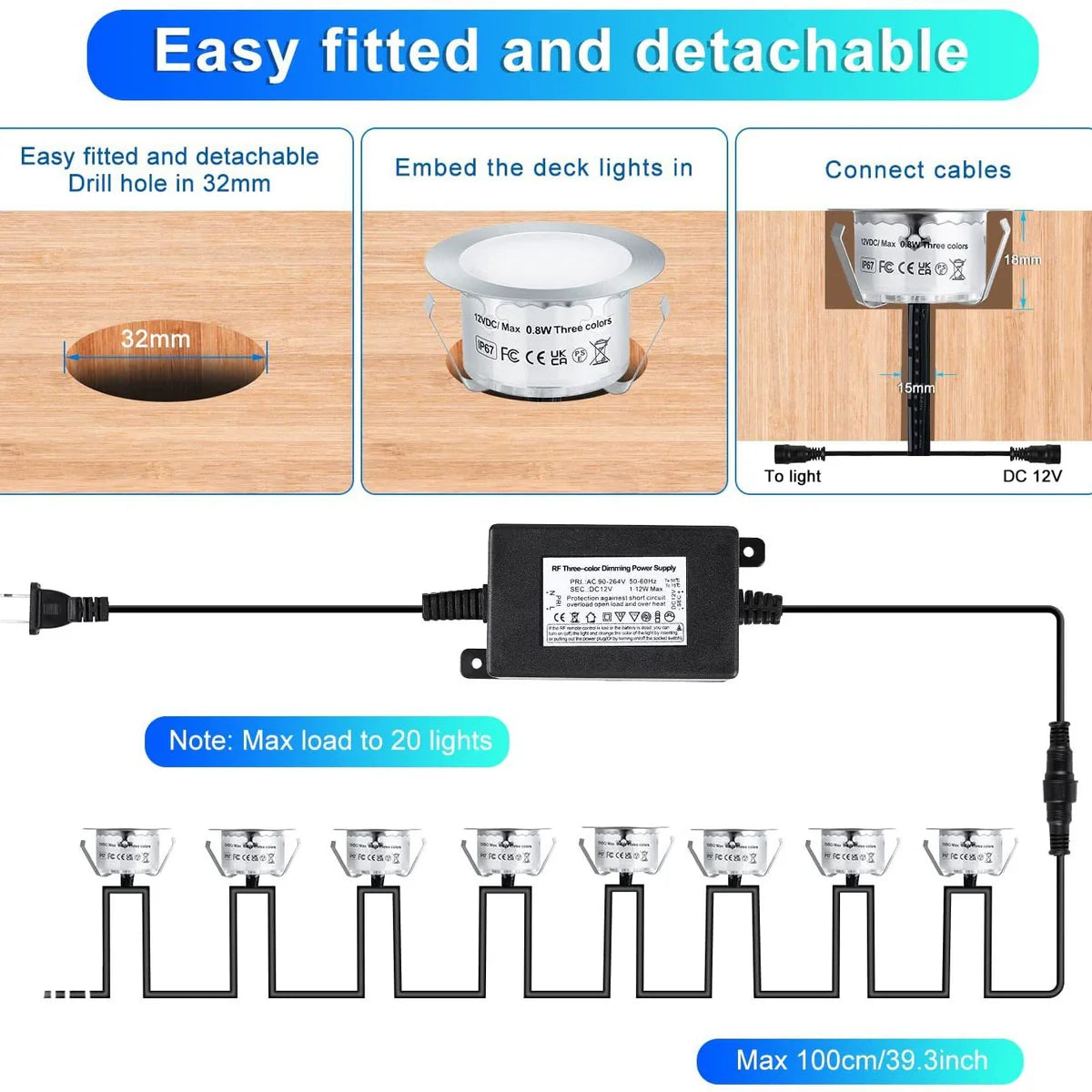 10-Pack Recessed LED Deck Lights – 3CCT Selectable 3000K / 4000K / 6000K | 0.8W Each | Remote Control Color Temperature Switching | AC100–265V Input with Power Adapter | US / EU / UK / AU Plug Options | IP67 Waterproof Inground Step Lights Kit