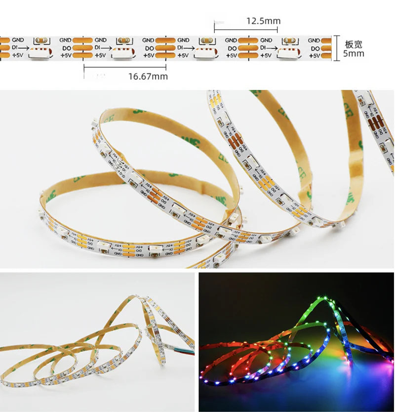 LightingWill WS2812 Side Emitting RGBIC LED Strip Light DC5V 12V 5mm PCB SMD4020 Individually Addressable 60 LEDs/m Non Waterproof Flowing LED Strip for Party Decoration DIY Lighting 5M 50M