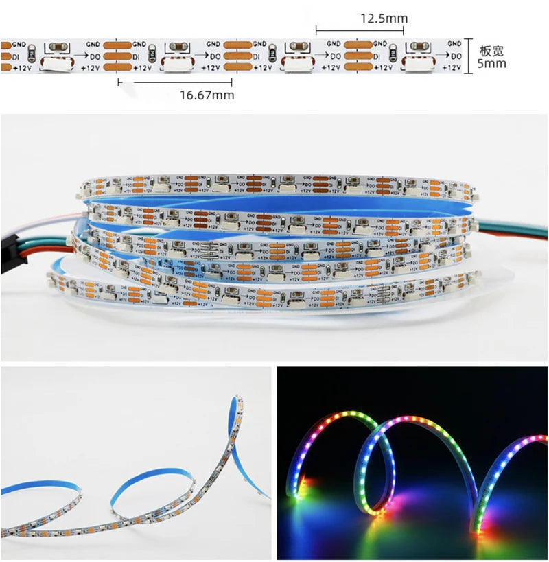 LightingWill WS2812 Side Emitting RGBIC LED Strip Light DC5V 12V 5mm PCB SMD4020 Individually Addressable 60 LEDs/m Non Waterproof Flowing LED Strip for Party Decoration DIY Lighting 5M 50M