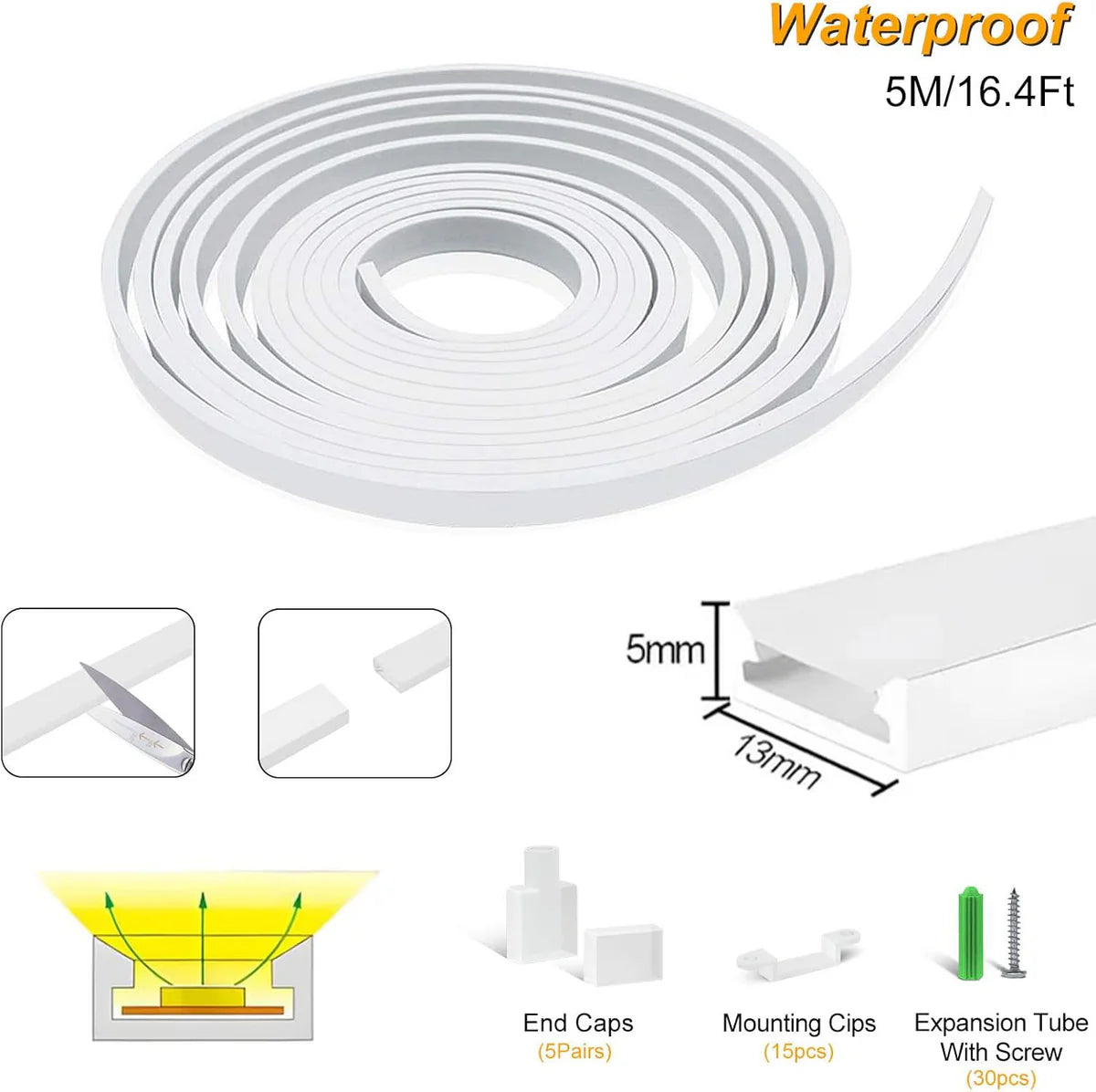 S0513 Neon Light Housing – 5x13mm | Silicone LED Channel System | 10mm PCB Width | IP67 Waterproof | 16.4FT/5M*1/16.4FT/5M*5