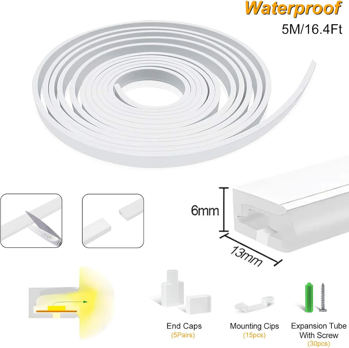 S0613 Side Edge Lighting Neon Light Housing – 6x13mm | Silicone LED Channel System | 8mm PCB Width | IP67 Waterproof | 16.4FT/5M*1/16.4FT/5M*5