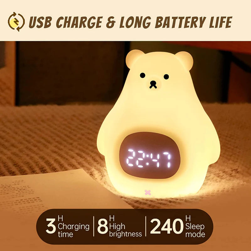 LightingWill Silicone Alarm Clock LED Night Light Rechargeable Baby Nursery Lamp Timer 3 Color Touch RGB Remote Control Sleep Light for Baby Kids Bedroom