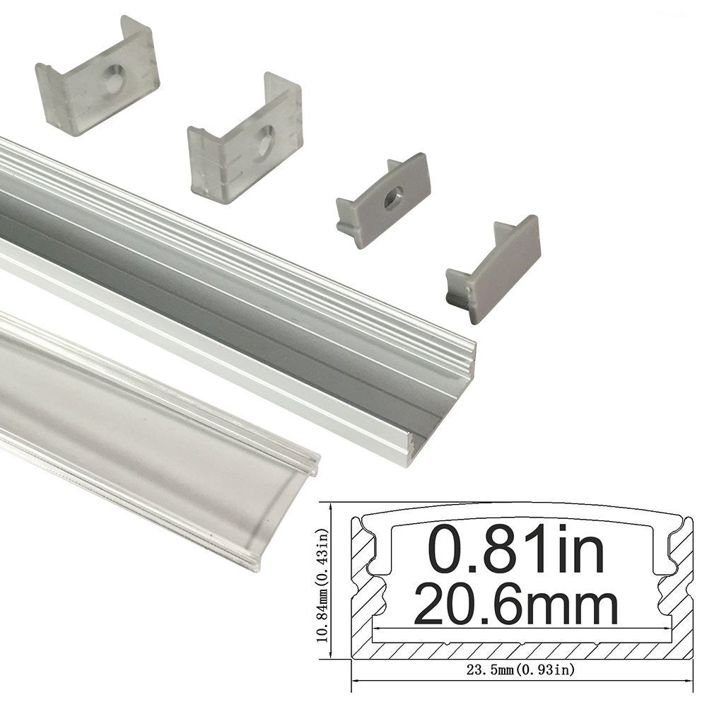 Silver U04 10x23mm U-Shape Internal Width 20mm LED Aluminum Channel System with Cover, End Caps and Mounting Clips Aluminum Extrusion for LED Strip Light Installations