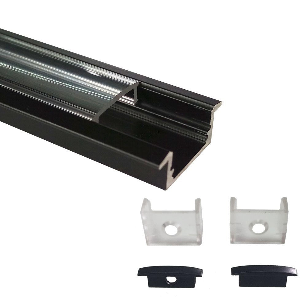 Black U01 9x23mm U-Shape Internal Profile Width 12mm LED Aluminum Channel System with Cover, End Caps and Mounting Clips for LED Strip Light Installations