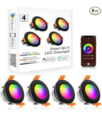 2Inch 5W Smart LED Recessed Downlight, WiFi Control, Dimmable RGB & CCT 2700-6500K, 100–240V, Black Housing, Compatible with Alexa and Google Home, 4/6/10-Pack, Modern Interior Accent Lighting