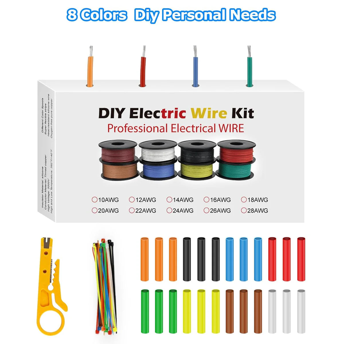 24 AWG Stranded Copper Wire Kit, Silicone Electrical Hook Up Cable, Flexible Heat Resistant Wire Spools for Electronics, Arduino, LED, RC, DIY Projects, 3m–15m Each Roll × 8 Colors