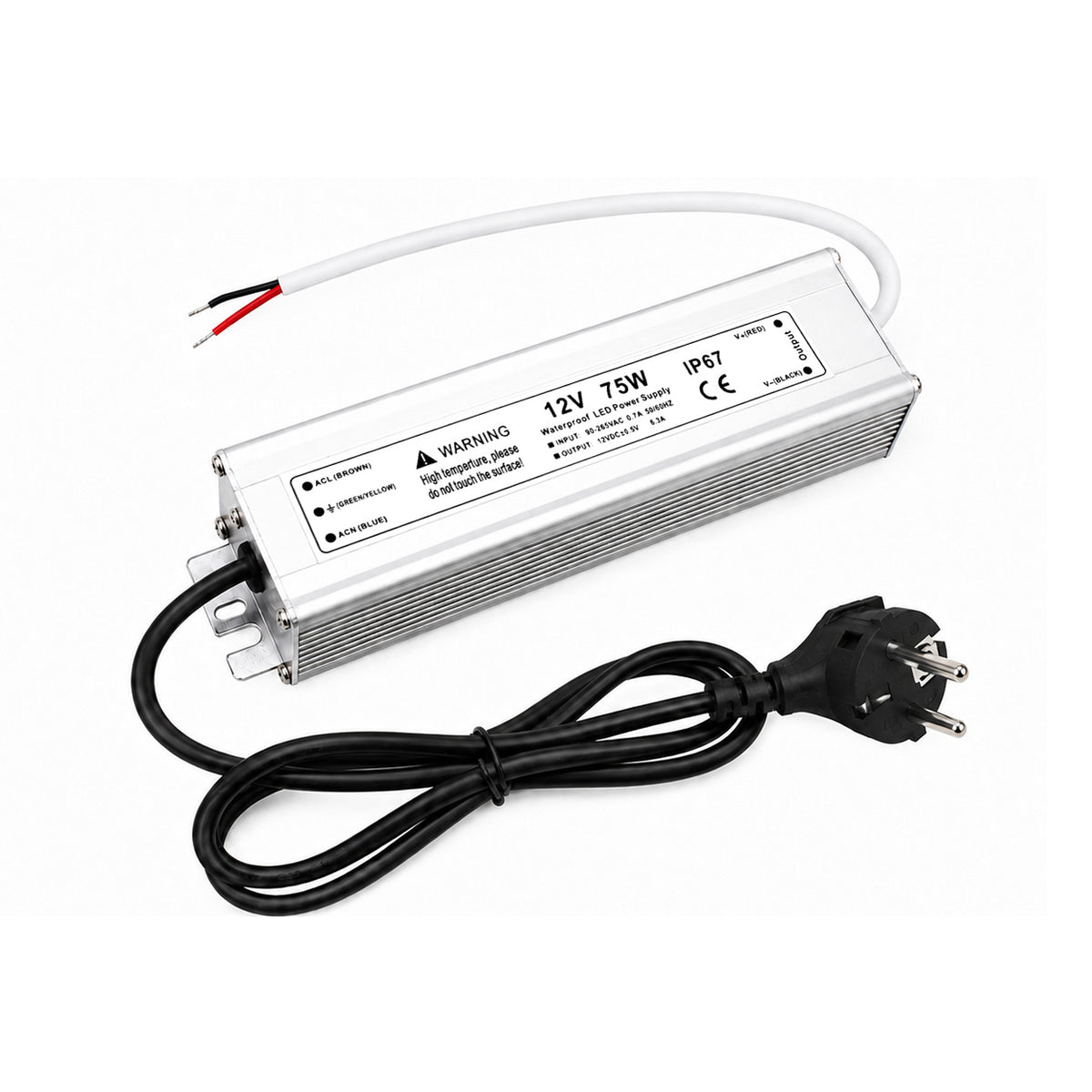75W 12V Waterproof LED Power Supply, 90-265V Input, Single Output, Aluminum Housing, Outdoor LED Lighting Driver, CE/RoHS/FCC Certified, US/UK/EU Plug