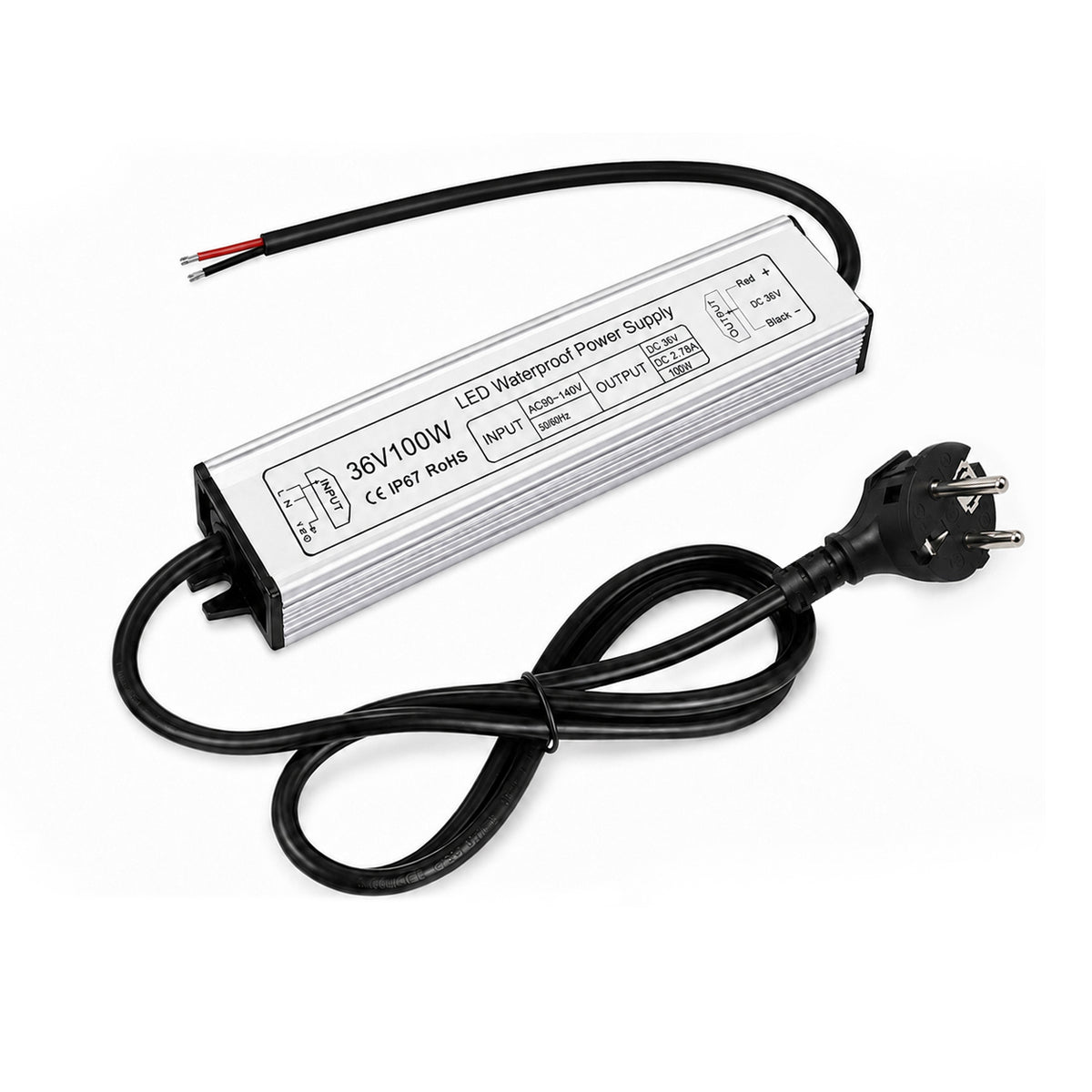 100W 36V/48V Waterproof LED Power Supply, 175-265V Input, Single Output, Aluminum Housing, Outdoor LED Lighting Driver, CE/RoHS/FCC Certified, UK/EU Plug