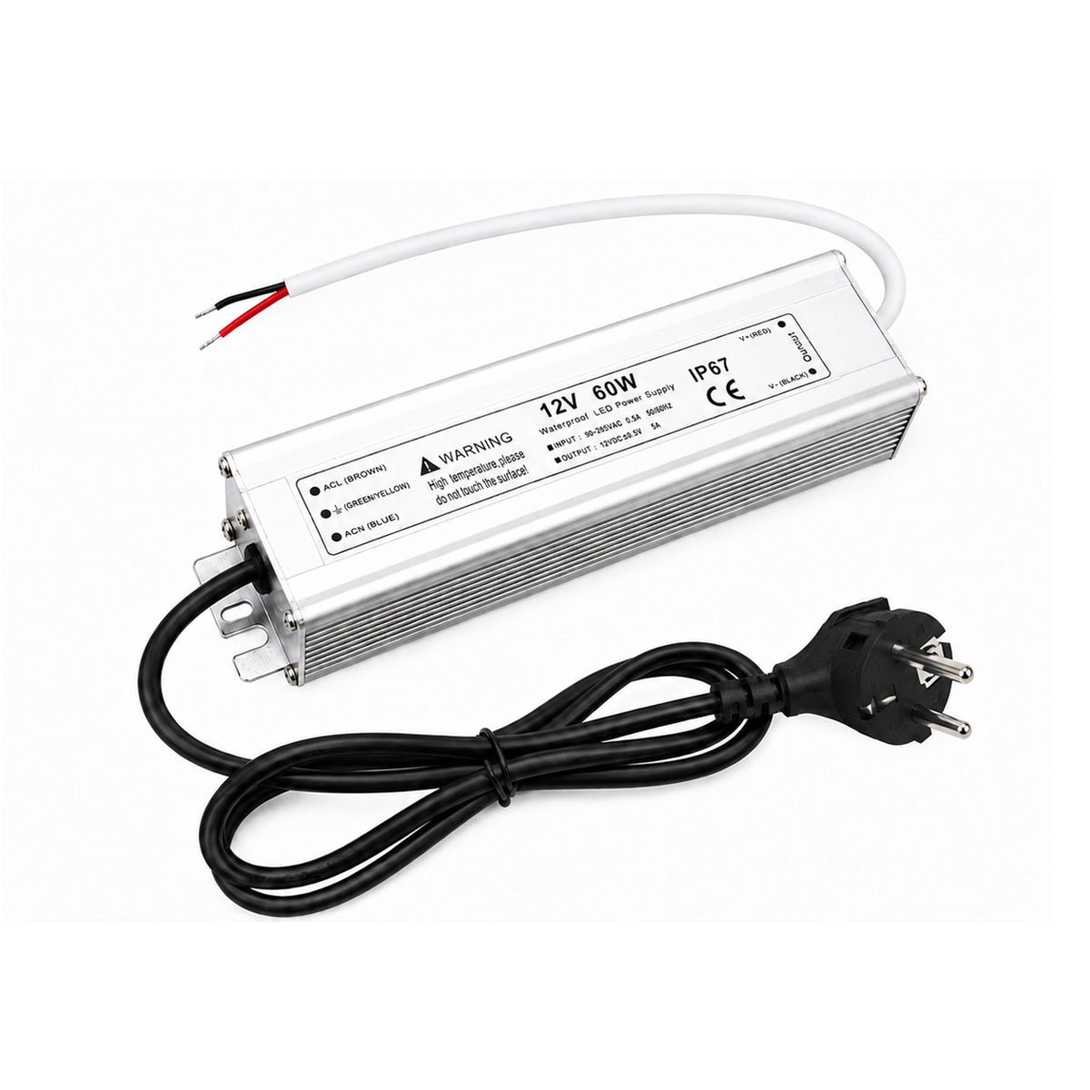 60W 12V/24V/36V/48V Waterproof LED Power Supply, 90-265V Input, Single Output, Aluminum Housing, Outdoor LED Lighting Driver, CE/RoHS/FCC Certified, US/UK/EU Plug