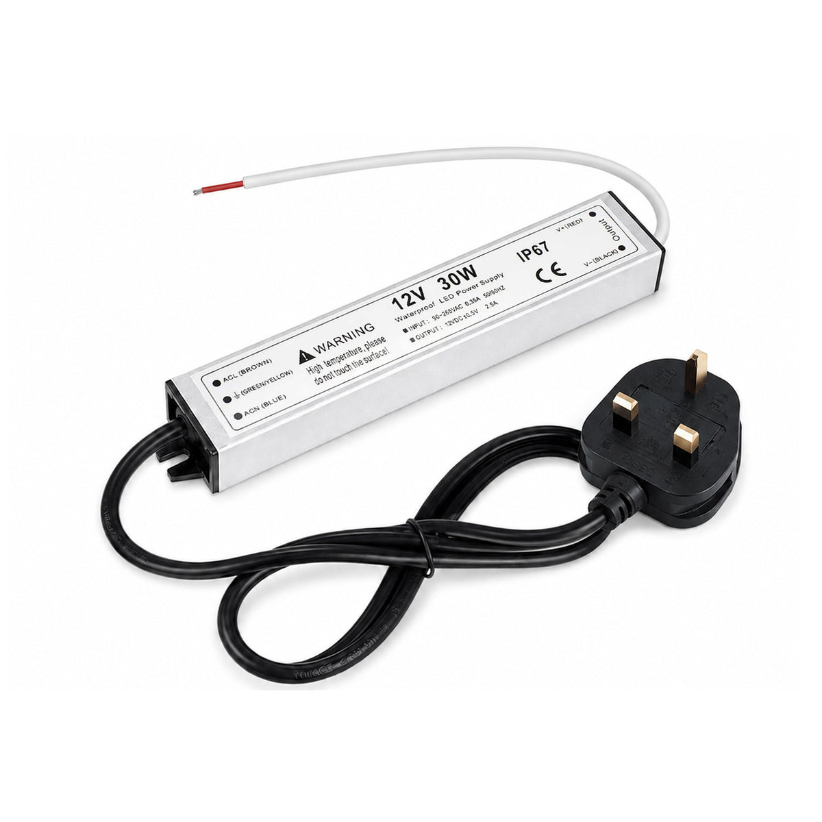 30W 12V/24V Waterproof LED Power Supply, 90-265V Input, Single Output, Aluminum Housing, Outdoor LED Lighting Driver, CE/RoHS/FCC Certified, US/UK/EU Plug