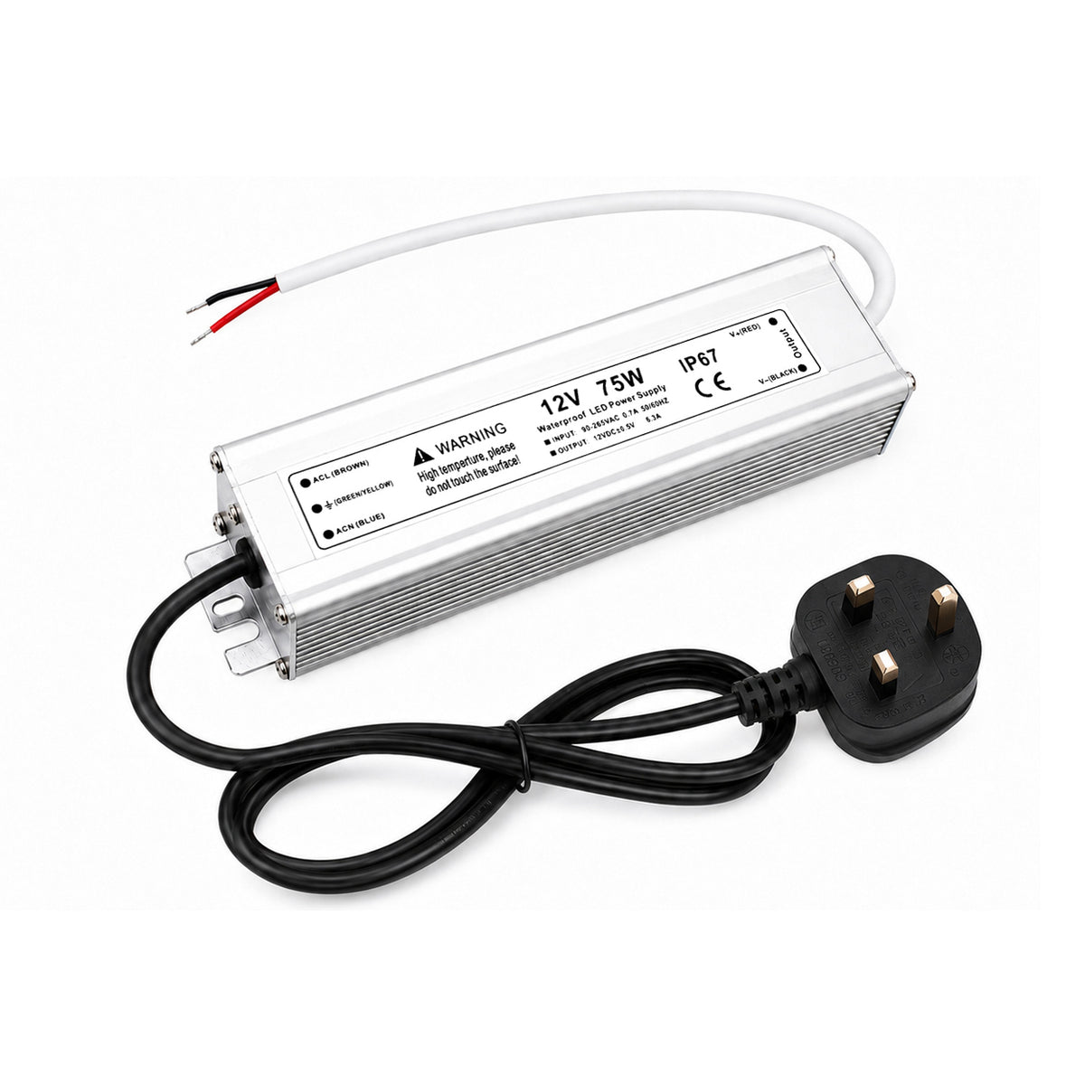75W 12V Waterproof LED Power Supply, 90-265V Input, Single Output, Aluminum Housing, Outdoor LED Lighting Driver, CE/RoHS/FCC Certified, US/UK/EU Plug