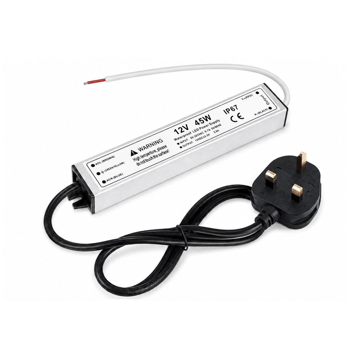 45W 12V Waterproof LED Power Supply, 90-265V Input, Single Output, Aluminum Housing, Outdoor LED Lighting Driver, CE/RoHS/FCC Certified, US/UK/EU Plug
