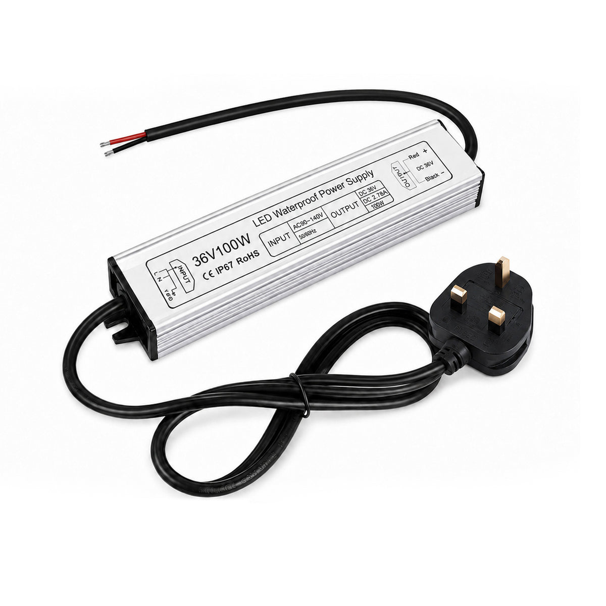 100W 36V/48V Waterproof LED Power Supply, 175-265V Input, Single Output, Aluminum Housing, Outdoor LED Lighting Driver, CE/RoHS/FCC Certified, UK/EU Plug