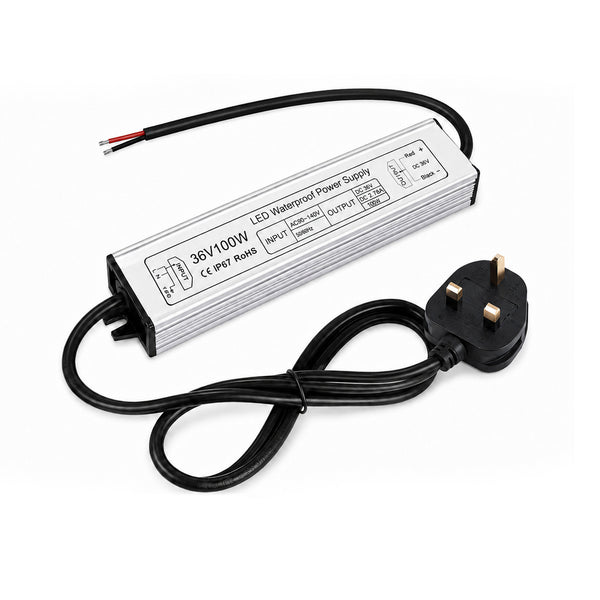 100W 36V/48V Waterproof LED Power Supply, 175-265V Input, Single Output, Aluminum Housing, Outdoor LED Lighting Driver, CE/RoHS/FCC Certified, UK/EU Plug