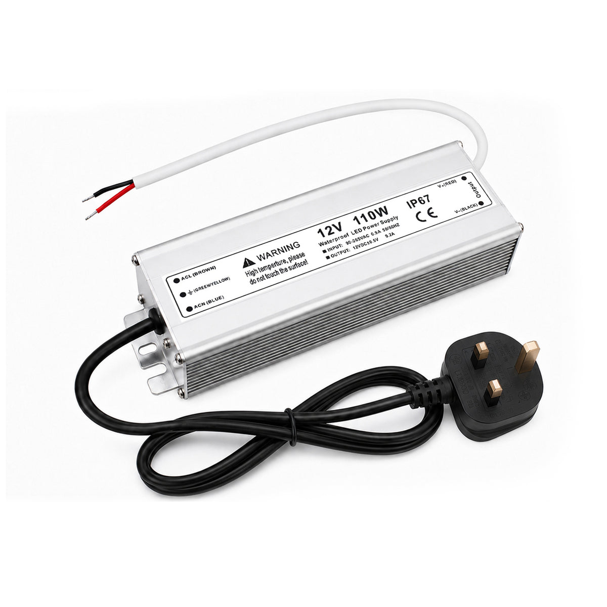 110W 12V Waterproof LED Power Supply, 90-265V Input, Single Output, Aluminum Housing, Outdoor LED Lighting Driver, CE/RoHS/FCC Certified, US/UK/EU Plug