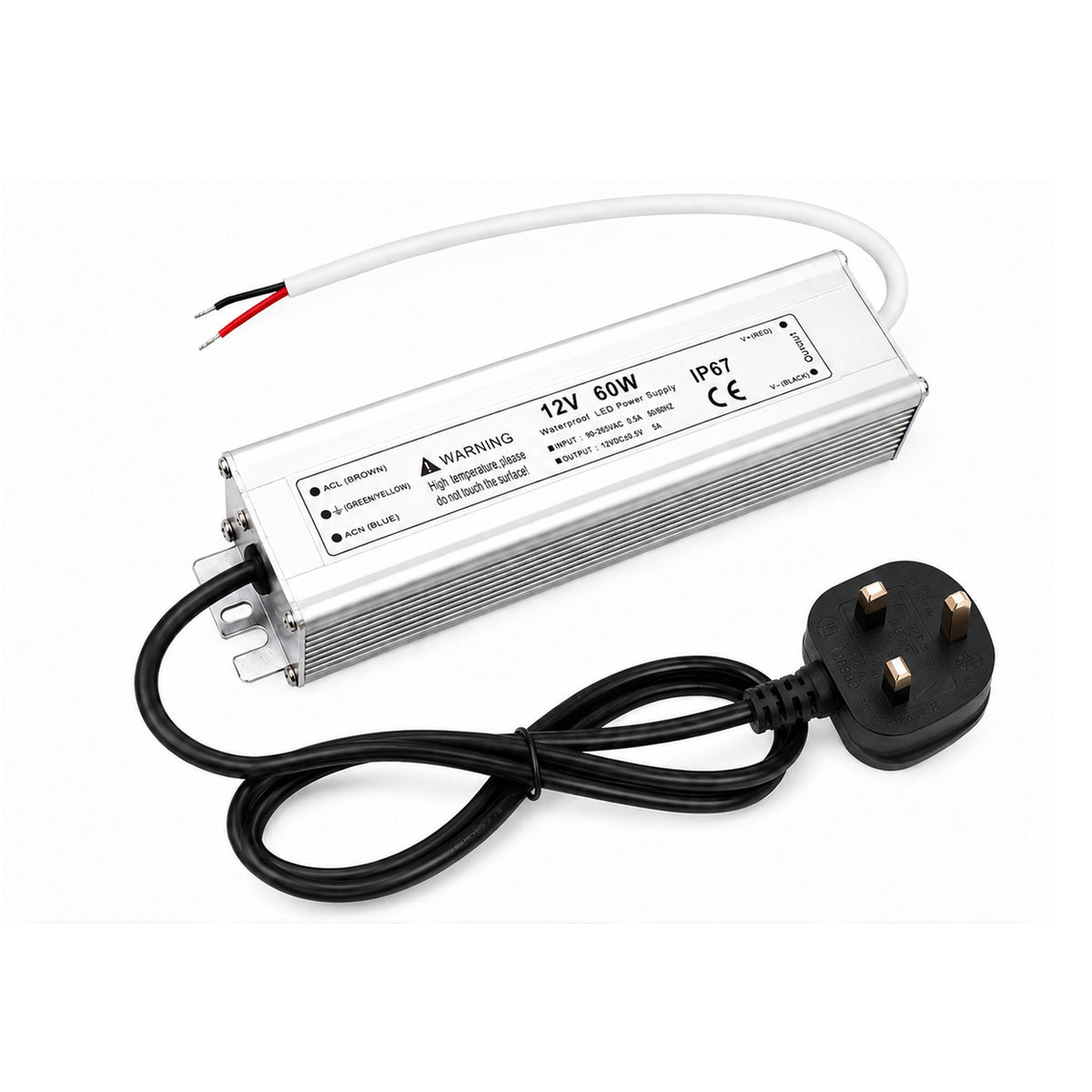 60W 12V/24V/36V/48V Waterproof LED Power Supply, 90-265V Input, Single Output, Aluminum Housing, Outdoor LED Lighting Driver, CE/RoHS/FCC Certified, US/UK/EU Plug
