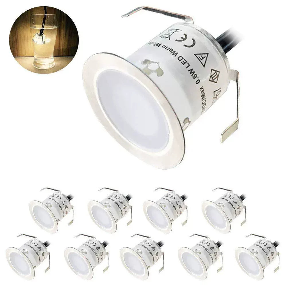 10-Pack Recessed LED Deck Lights – Warm White / Natural White | 0.6W Each | AC100–265V Input with Power Adapter | US / EU / UK / AU Plug Options | IP67 Waterproof Inground Step Lights Kit for Deck, Garden, Yard, Stairs & Pathway Lighting