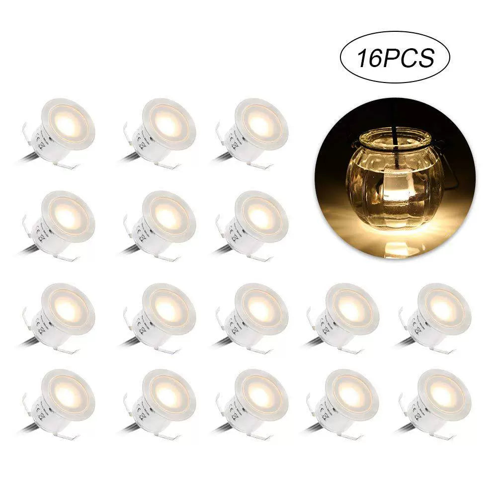 16-Pack Recessed LED Deck Lights – Warm White / Natural White | 0.6W Each | AC100–265V Input with Power Adapter | US / EU / UK / AU Plug Options | IP67 Waterproof Inground Step Lights Kit for Deck, Garden, Yard, Stairs & Pathway Lighting