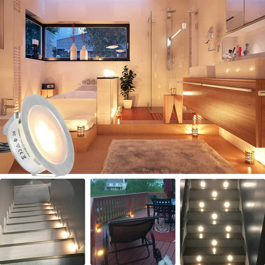 6-Pack Recessed LED Deck Lights – Warm White / Natural White | 1.5W Each | AC100–265V Input with Power Adapter | US / EU / UK / AU Plug Options | IP67 Waterproof Inground Step Lights Kit for Deck, Garden, Yard, Stairs & Pathway Lighting