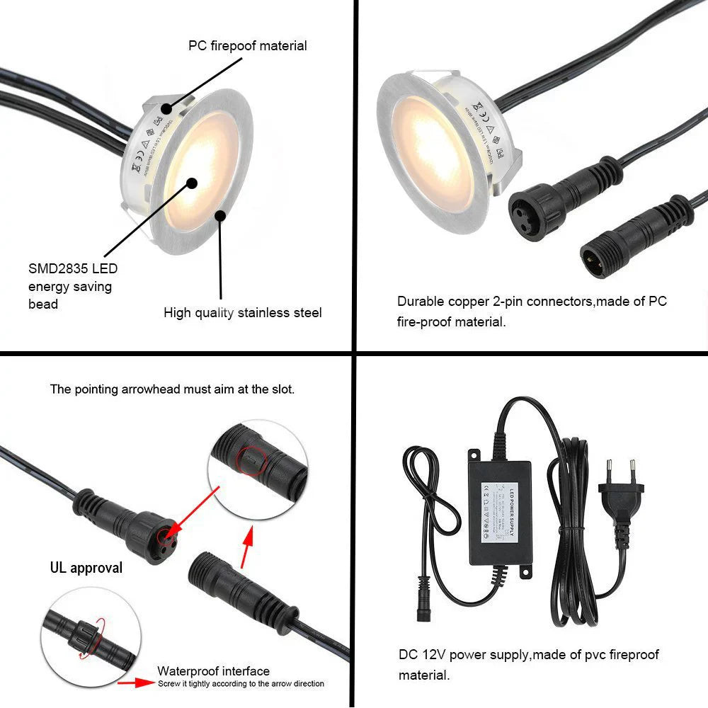6-Pack Recessed LED Deck Lights – Warm White / Natural White | 1.5W Each | AC100–265V Input with Power Adapter | US / EU / UK / AU Plug Options | IP67 Waterproof Inground Step Lights Kit for Deck, Garden, Yard, Stairs & Pathway Lighting