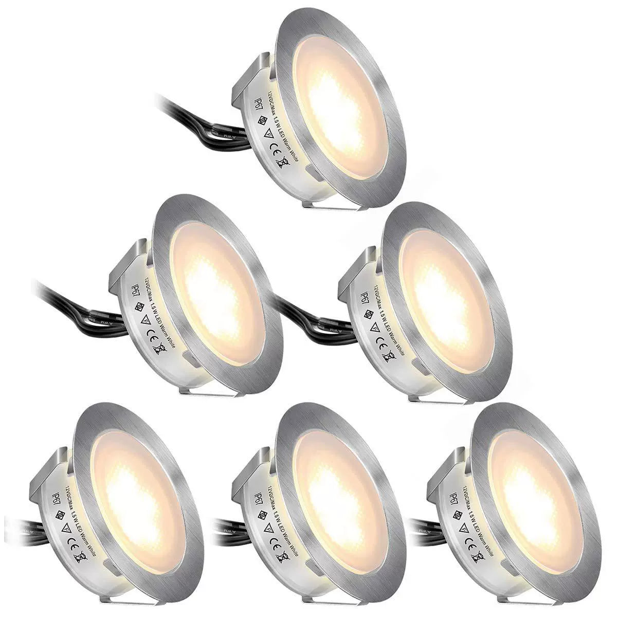 6-Pack Recessed LED Deck Lights – Warm White / Natural White | 1.5W Each | AC100–265V Input with Power Adapter | US / EU / UK / AU Plug Options | IP67 Waterproof Inground Step Lights Kit for Deck, Garden, Yard, Stairs & Pathway Lighting