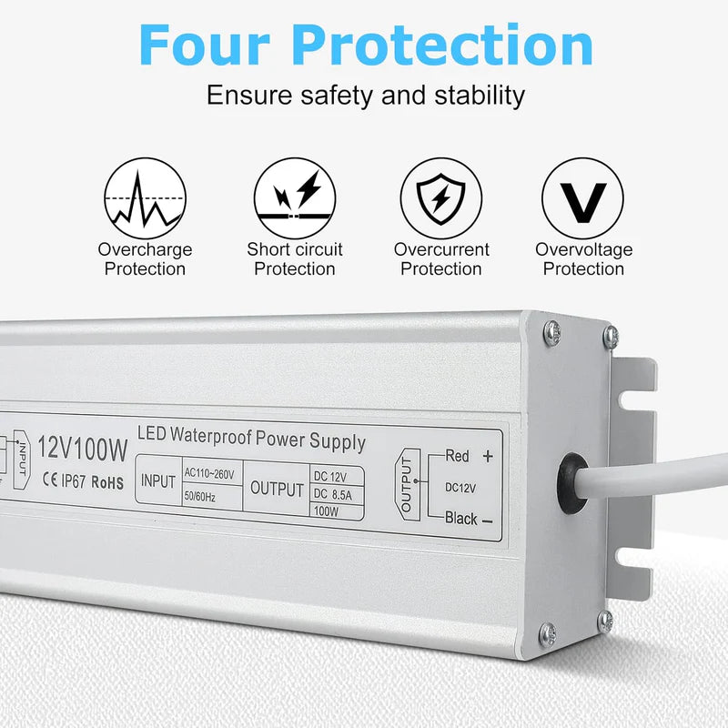 12V Waterproof LED Power Supply, 30W–300W Outdoor LED Driver, 90–265V AC Input, Single or Dual Wire Output, CE/RoHS/FCC Certified, US / UK / EU Plug & Wire Lead Options