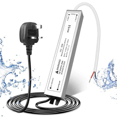 12V Waterproof LED Power Supply, 30W–300W Outdoor LED Driver, 90–265V AC Input, Single or Dual Wire Output, CE/RoHS/FCC Certified, US / UK / EU Plug & Wire Lead Options