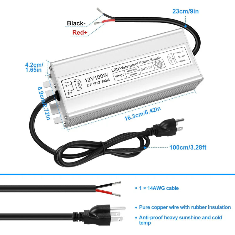 12V Waterproof LED Power Supply, 30W–300W Outdoor LED Driver, 90–265V AC Input, Single or Dual Wire Output, CE/RoHS/FCC Certified, US / UK / EU Plug & Wire Lead Options